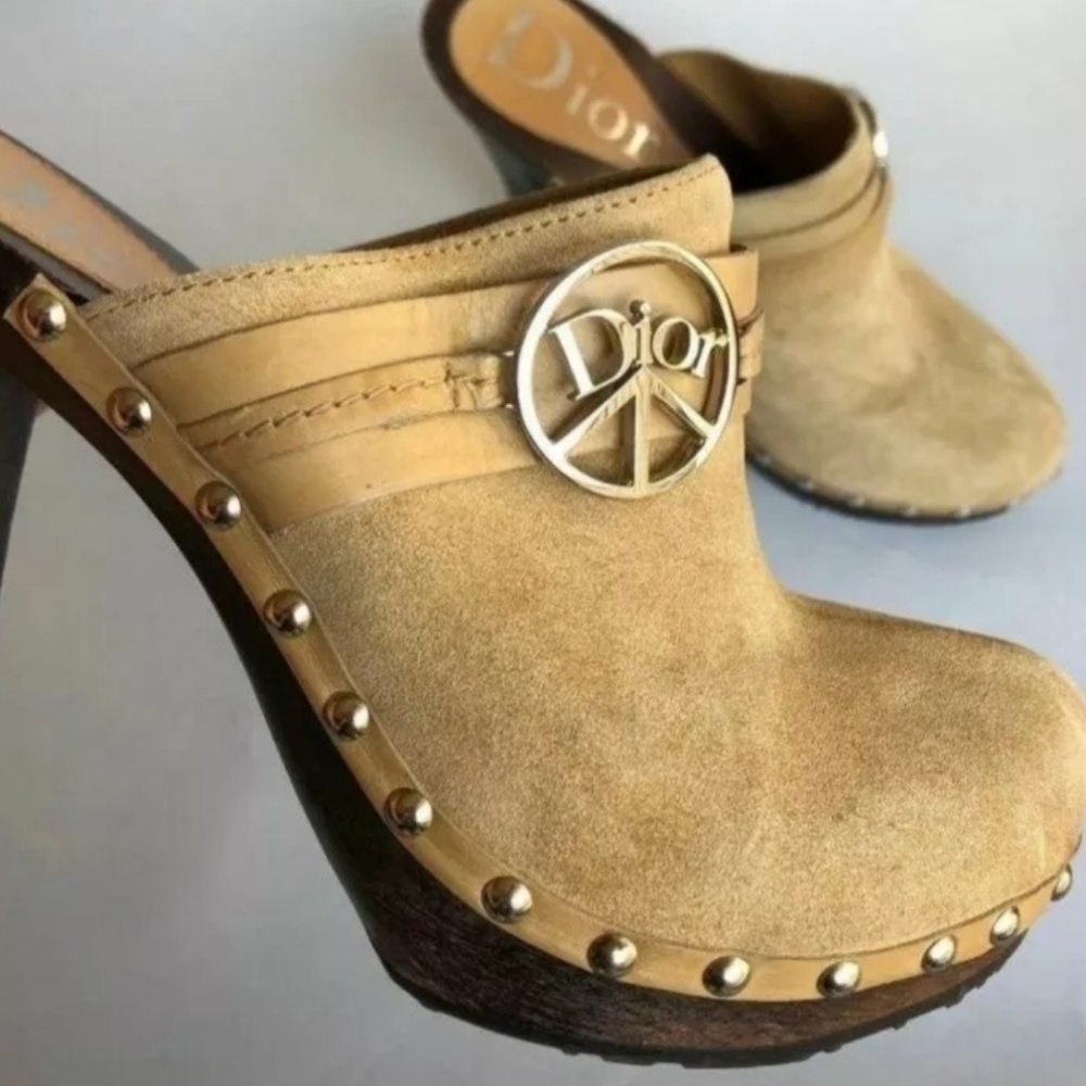 Christian Dior Suede Mules, Clogs, Studs, Tan Camel 🐪 Shade, Size 37, Size 7